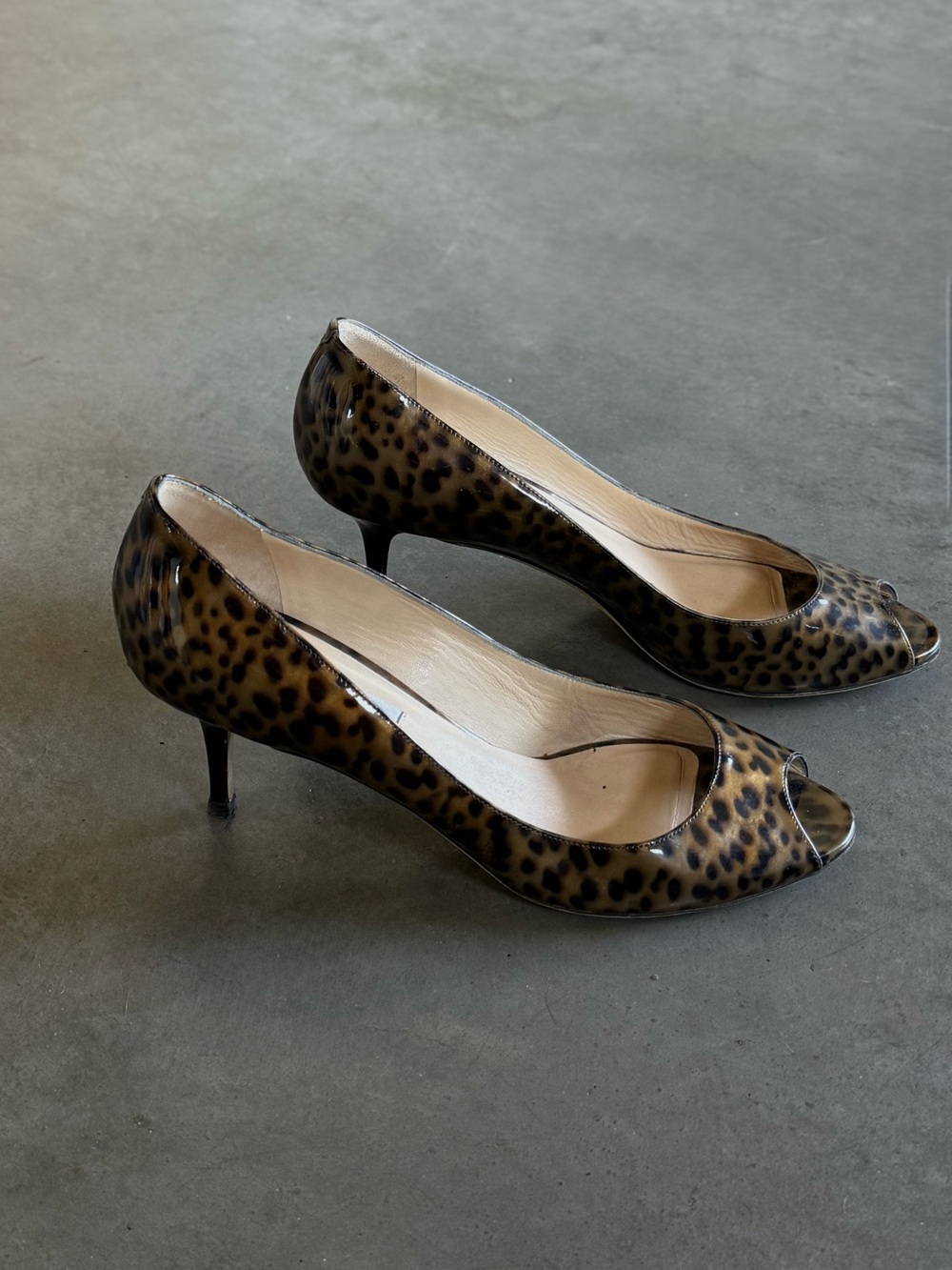 Jimmy Choo Leopard Patent Leather Peep Toe Heels Size 40 US 9 Made in Italy